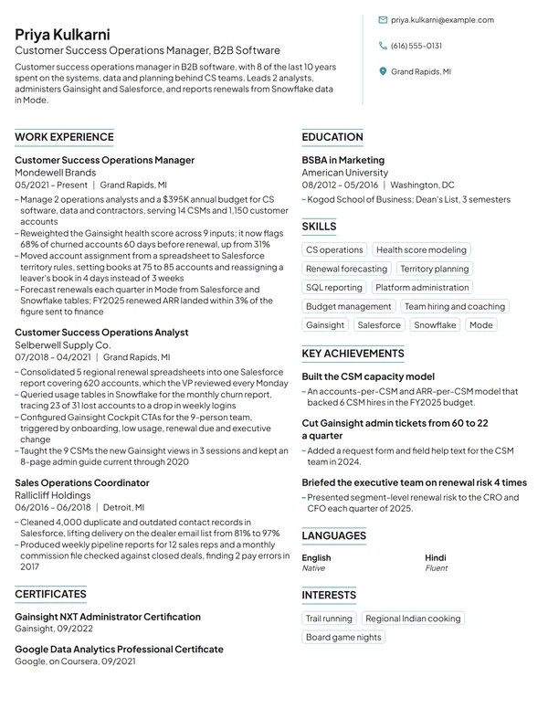 Customer Success Operations Manager resume example