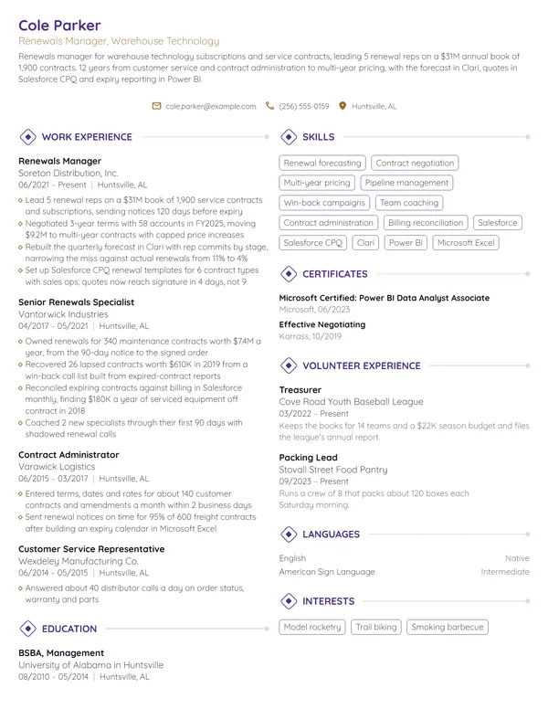 Renewals Manager resume example