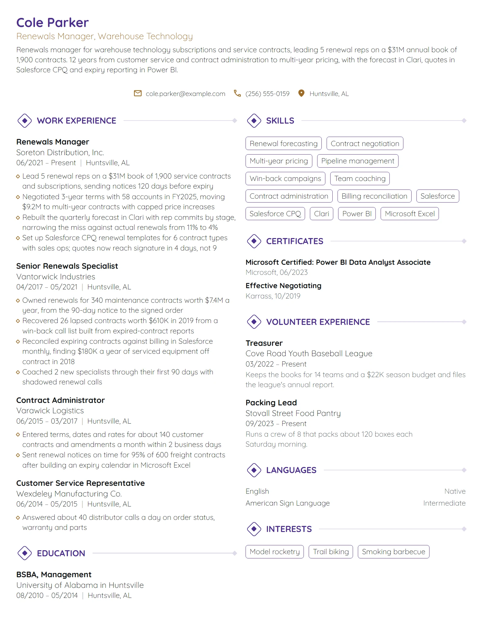 Renewals Manager resume example