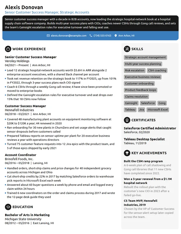 Senior Customer Success Manager resume example