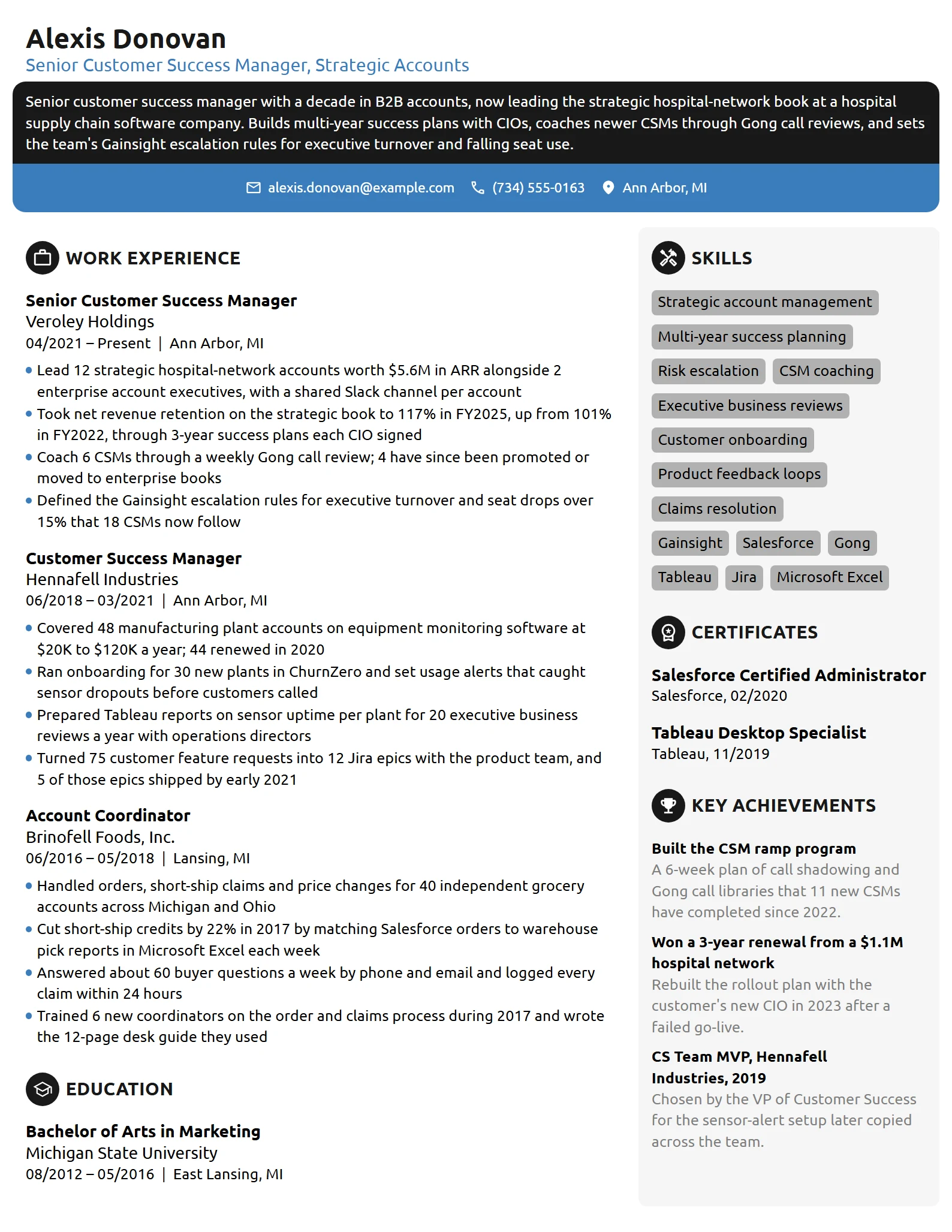 Senior Customer Success Manager resume example