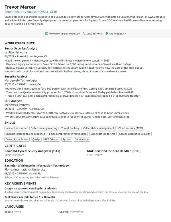 Cybersecurity resume example