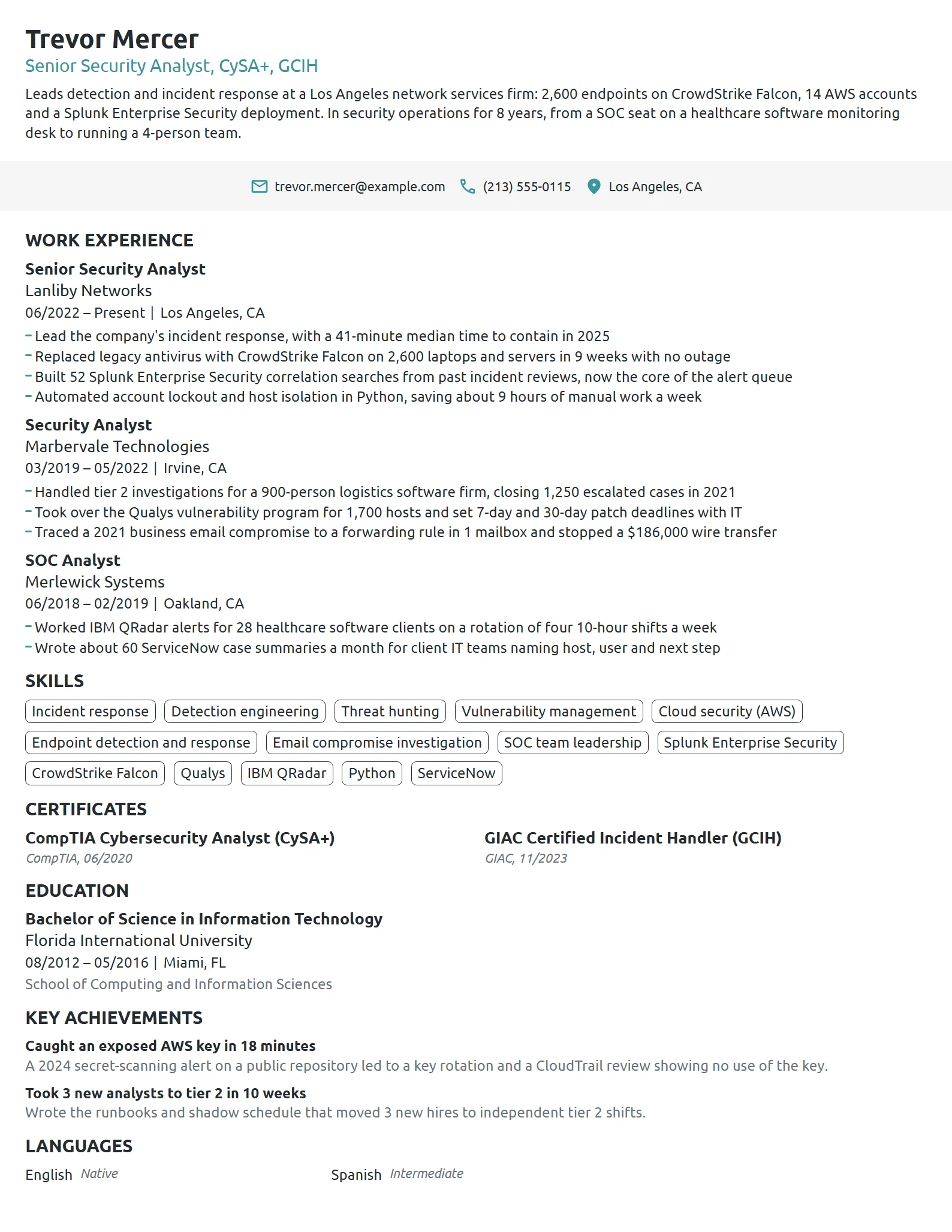 Cybersecurity resume example
