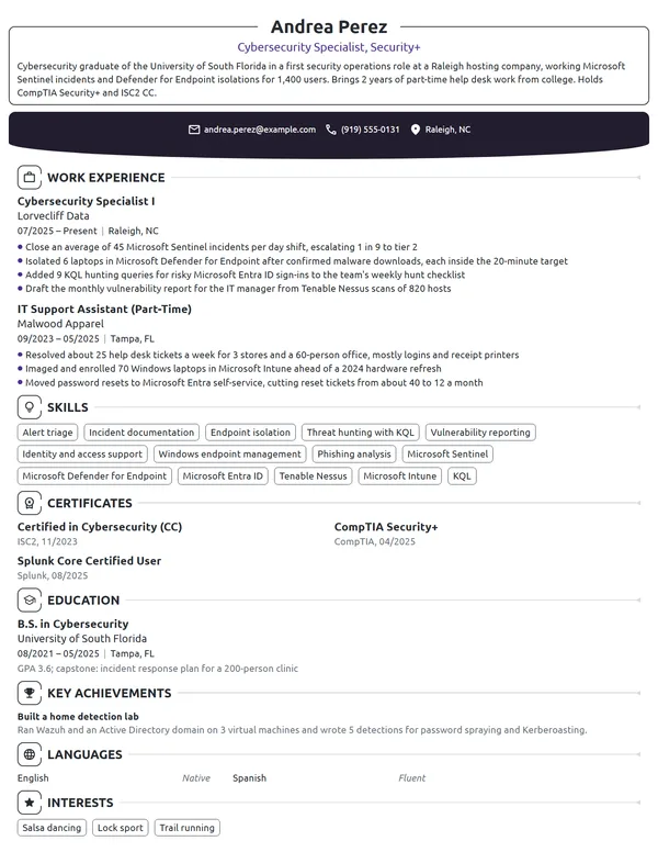 Entry-Level Cybersecurity Specialist resume example