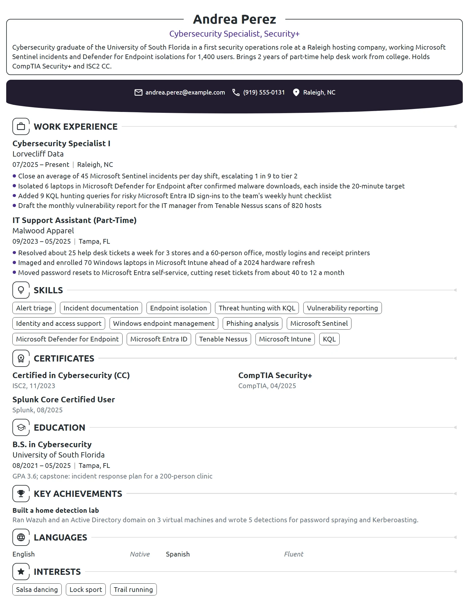 Entry-Level Cybersecurity Specialist resume example