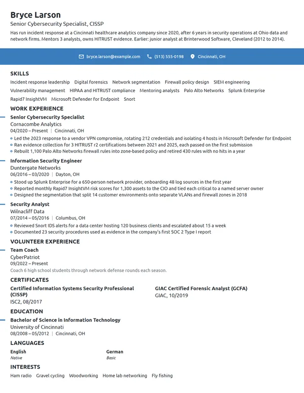 Senior Cybersecurity Specialist resume example