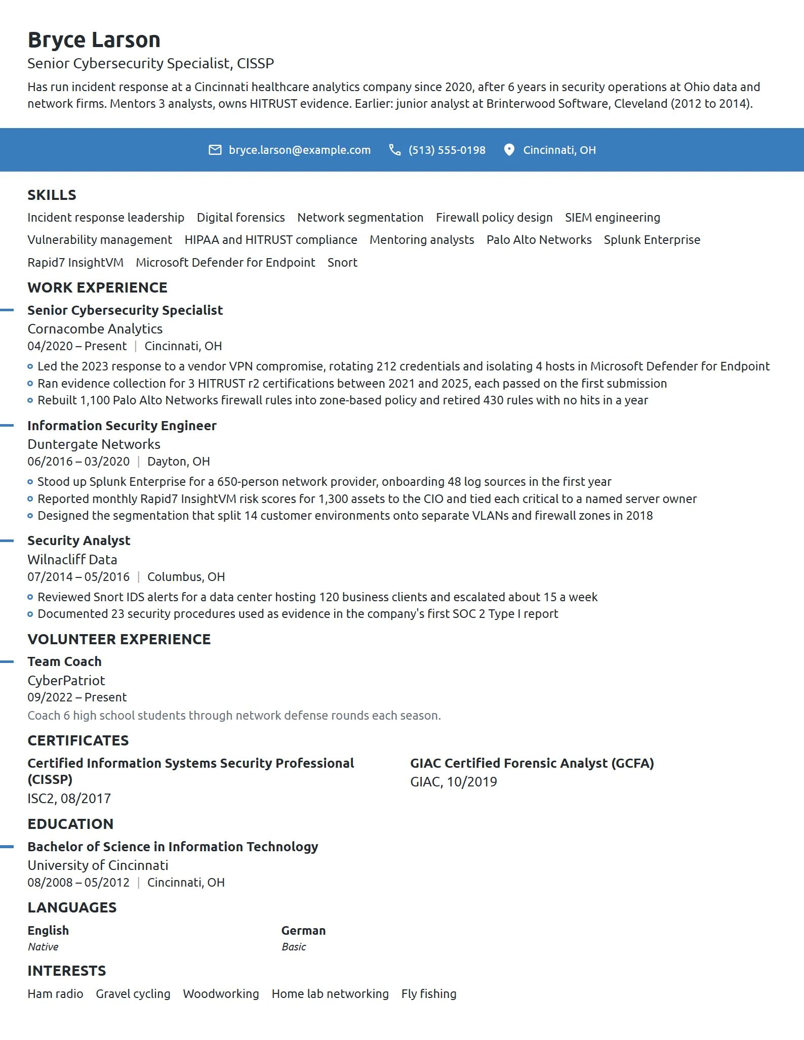 Senior Cybersecurity Specialist resume example
