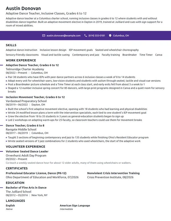 Adaptive Dance Teacher resume example