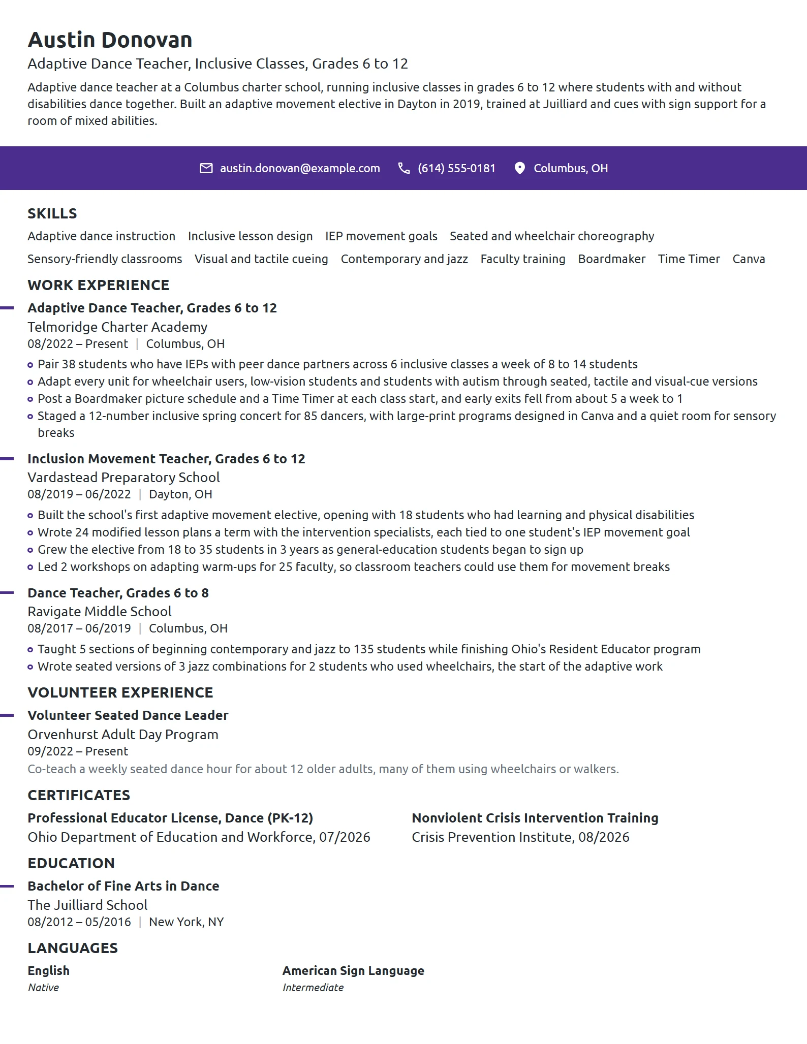 Adaptive Dance Teacher resume example