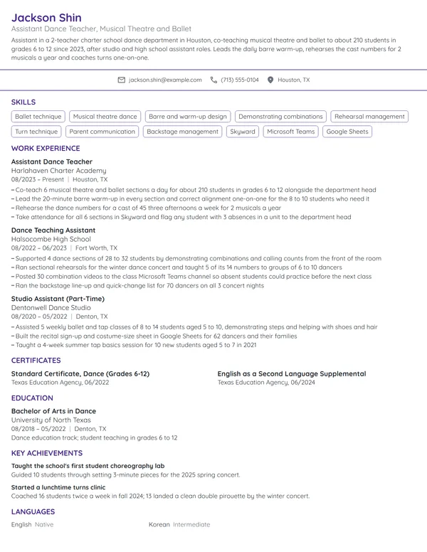 Assistant Dance Teacher resume example