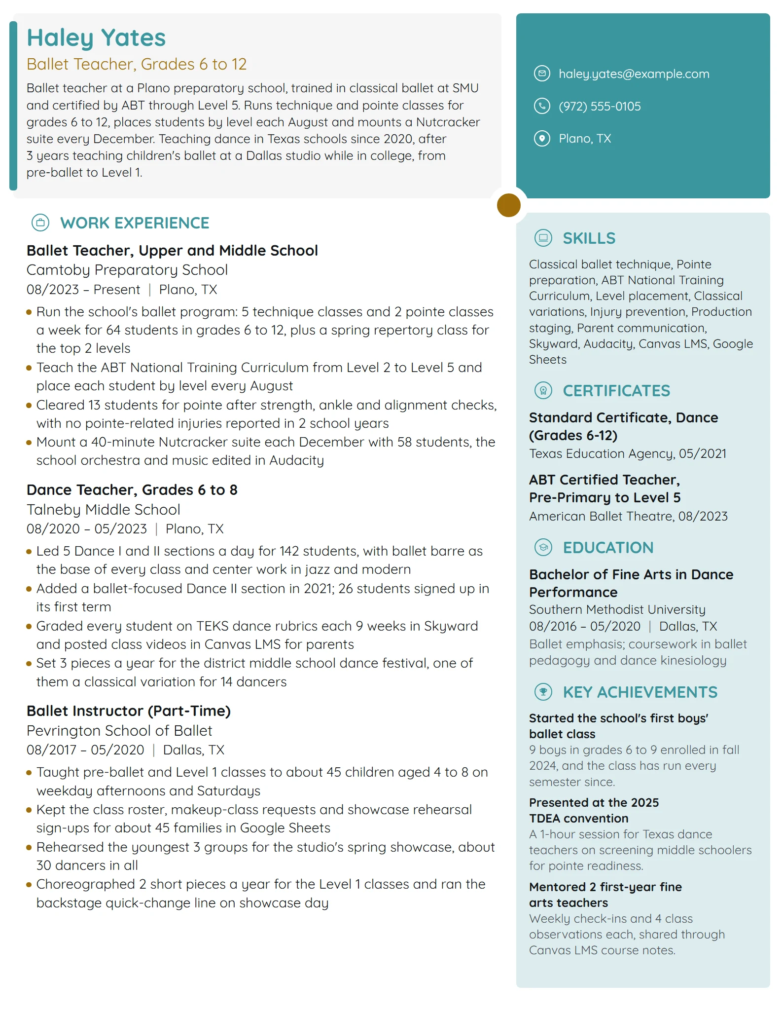 Ballet Teacher resume example