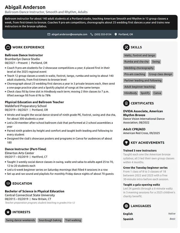 Ballroom Dance Instructor resume example