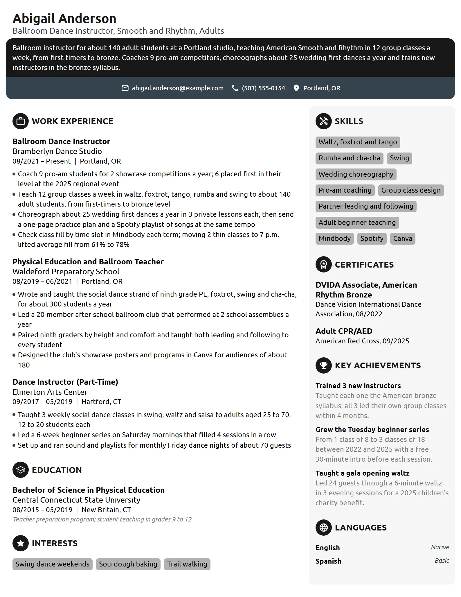 Ballroom Dance Instructor resume example