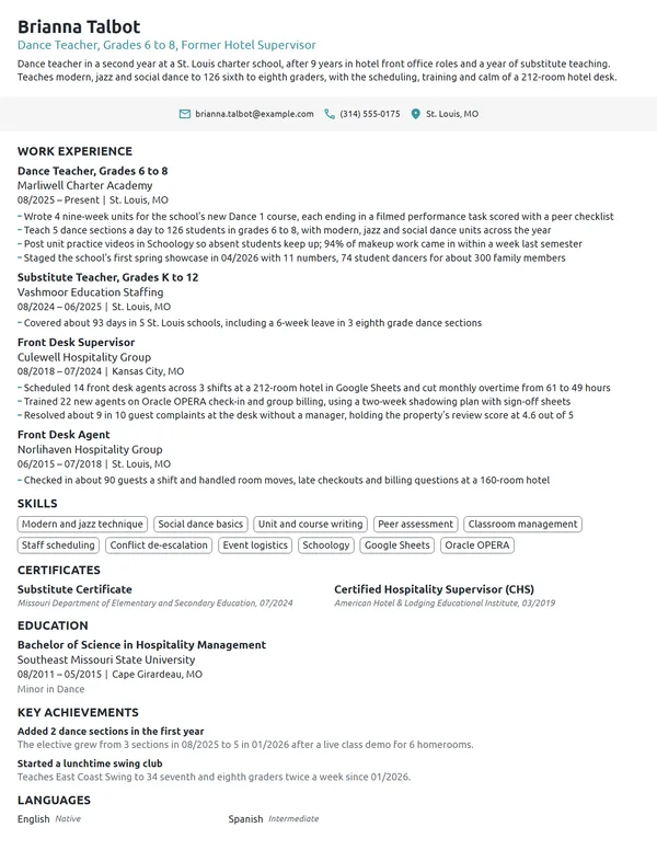 Career Change Dance Teacher resume example