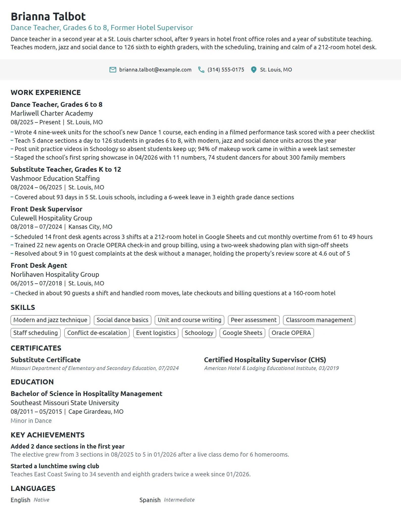 Career Change Dance Teacher resume example
