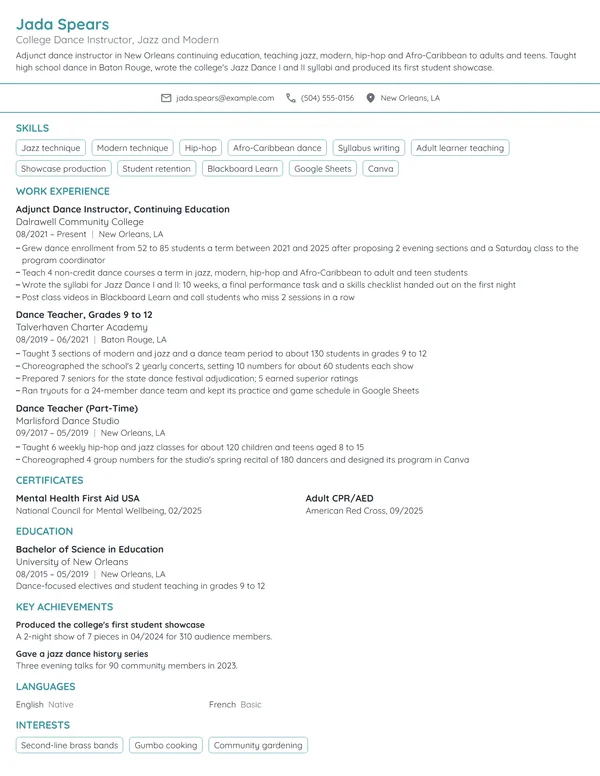 College Dance Instructor resume example