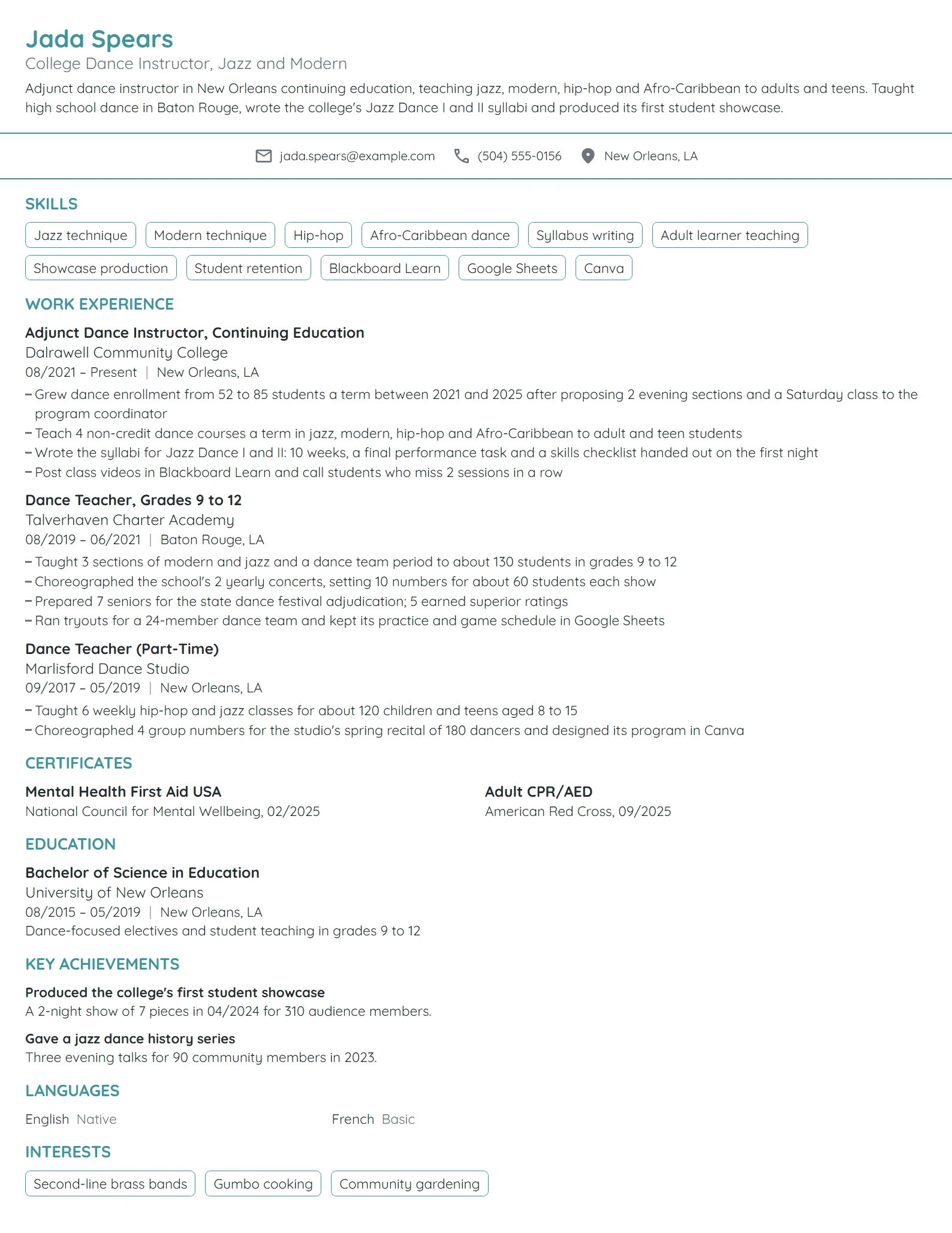 College Dance Instructor resume example