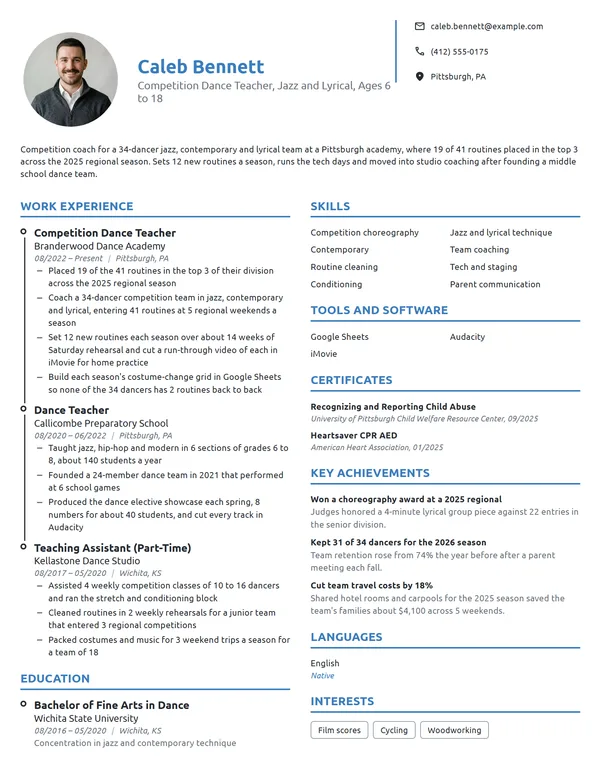 Competition Dance Teacher resume example