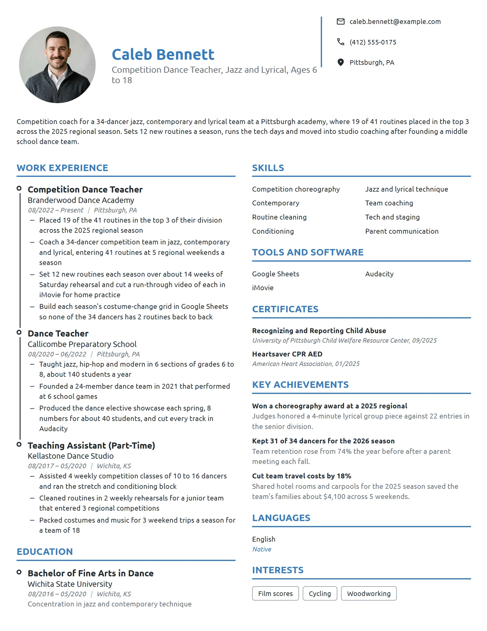 Competition Dance Teacher resume example