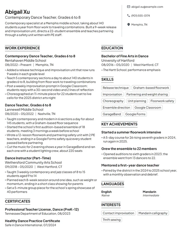 Contemporary Dance Teacher resume example