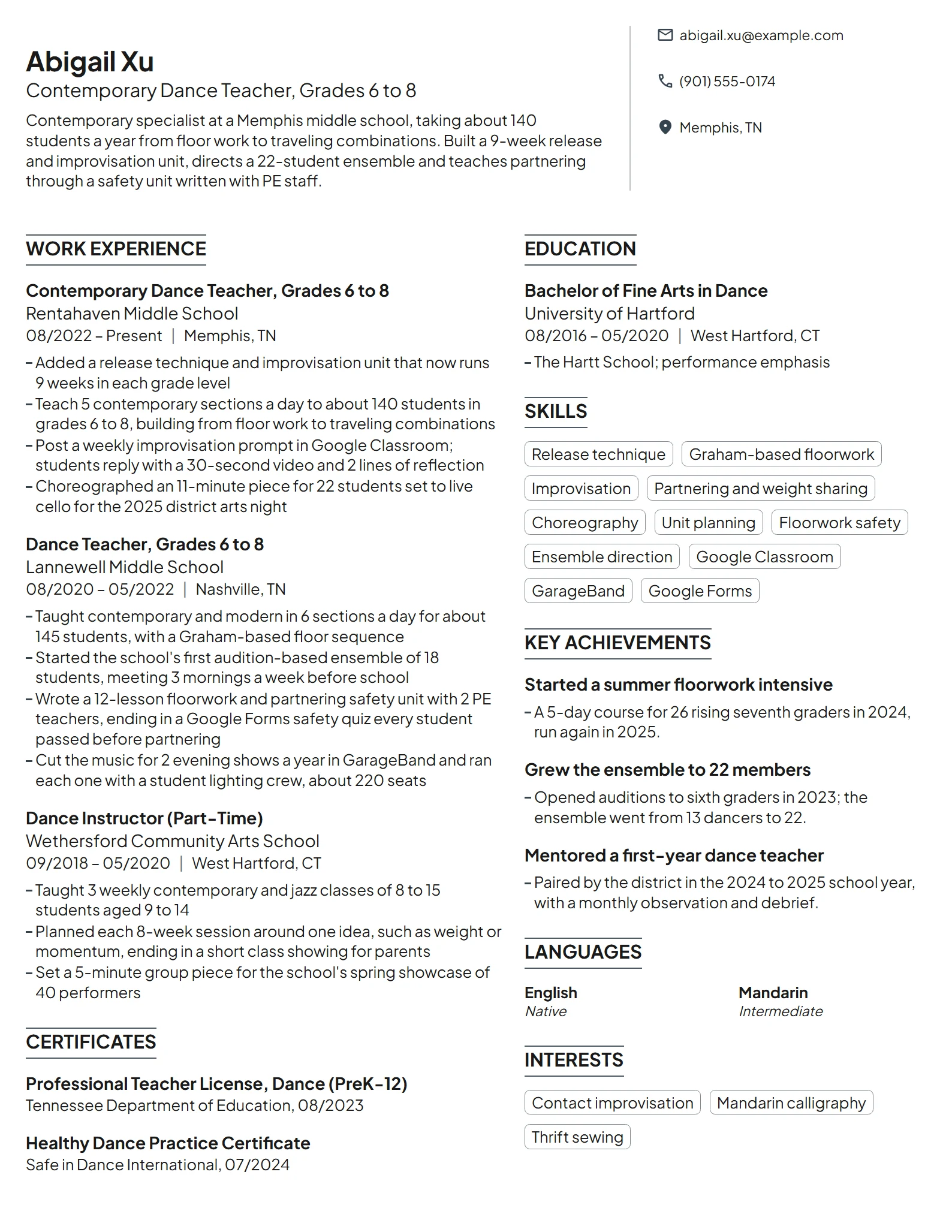 Contemporary Dance Teacher resume example