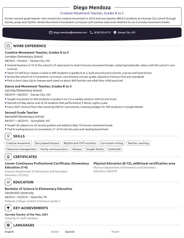 Creative Movement Teacher resume example