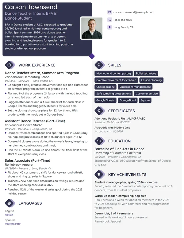Dance Teacher Intern resume example