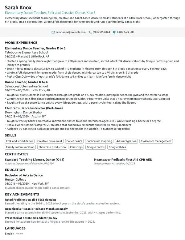 Elementary Dance Teacher resume example