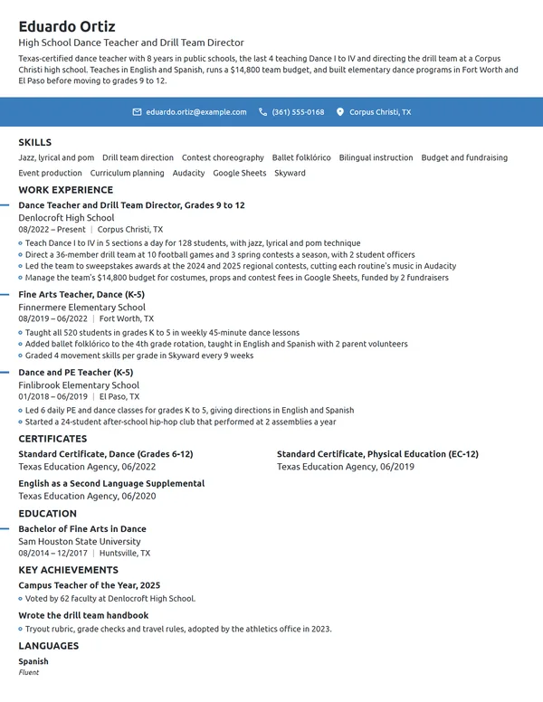 High School Dance Teacher resume example