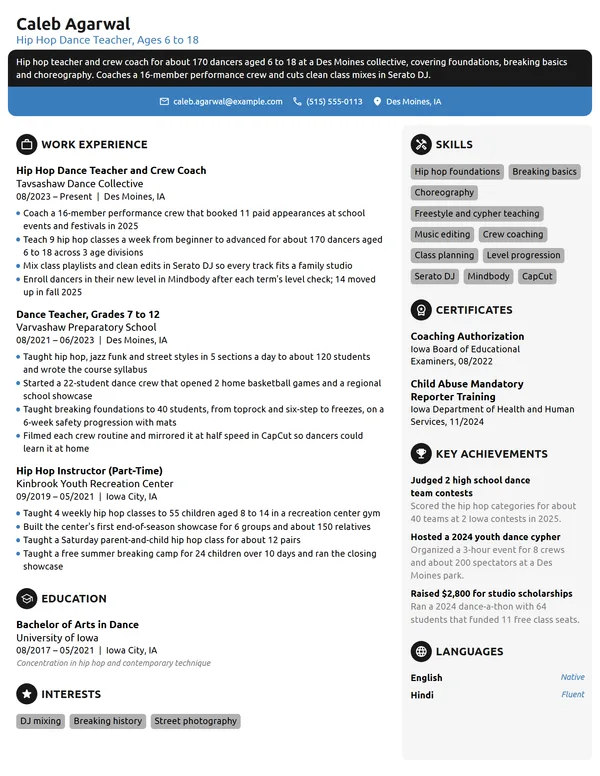 Hip Hop Dance Teacher resume example