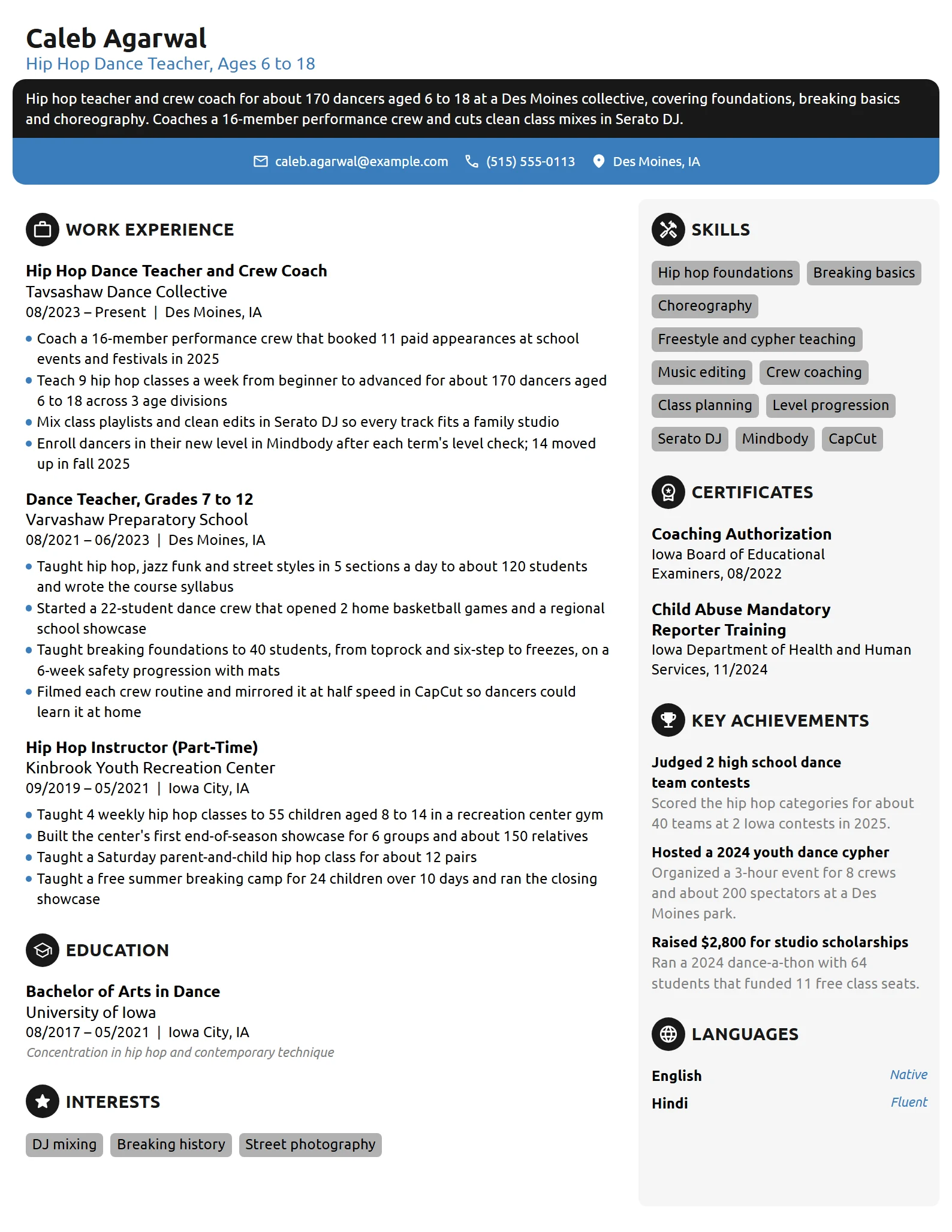 Hip Hop Dance Teacher resume example