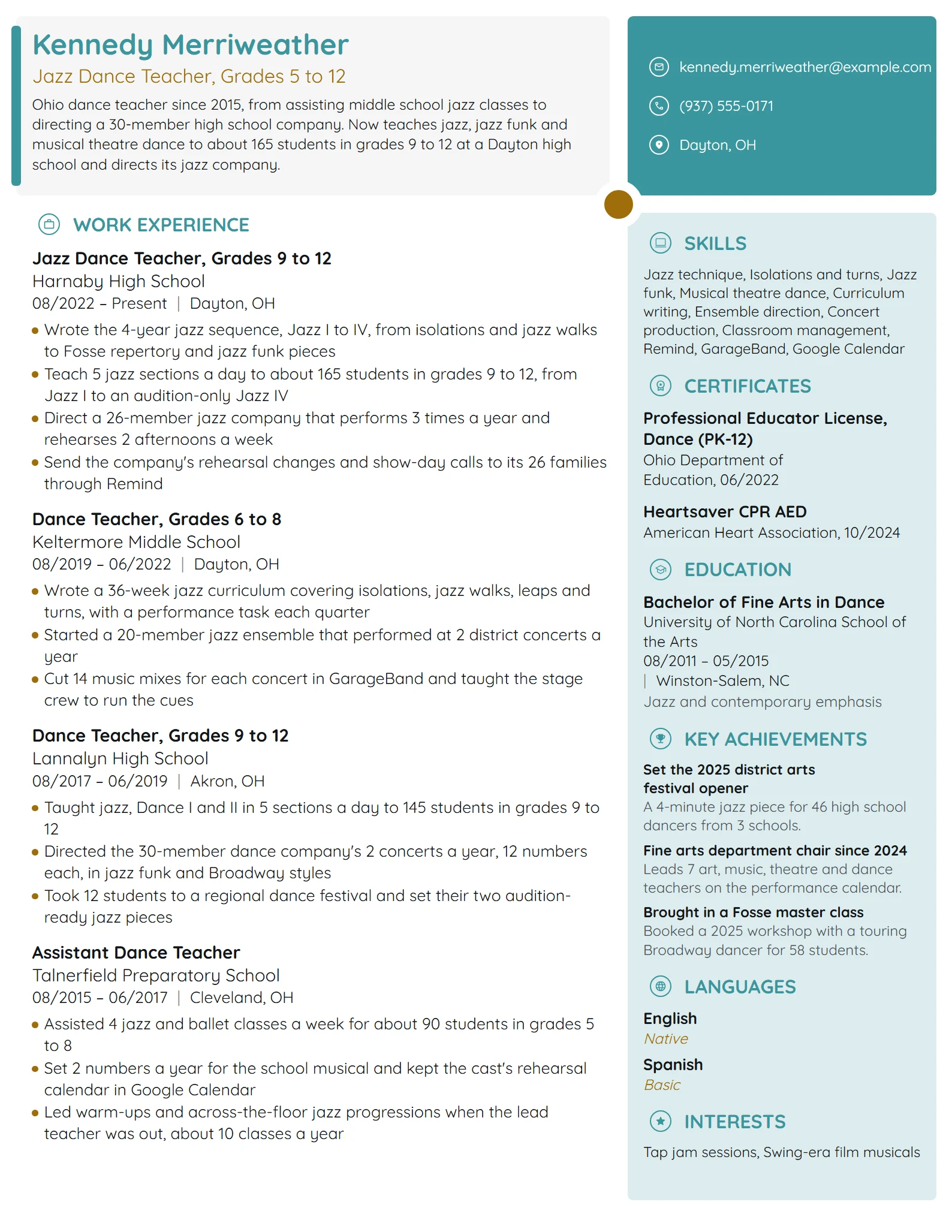 Jazz Dance Teacher resume example
