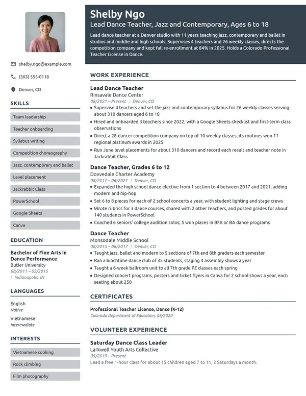 Lead Dance Teacher resume example