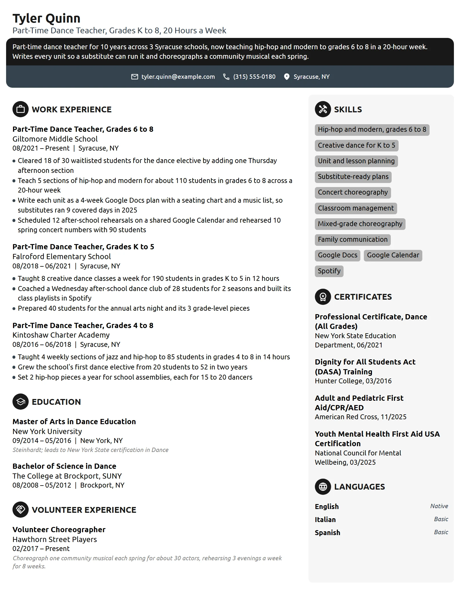 Part-Time Dance Teacher resume example