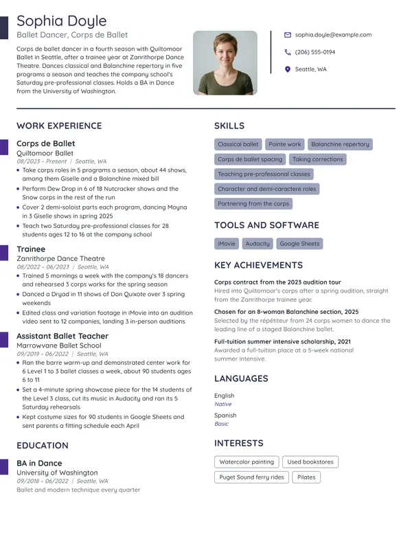 Ballet Dancer resume example