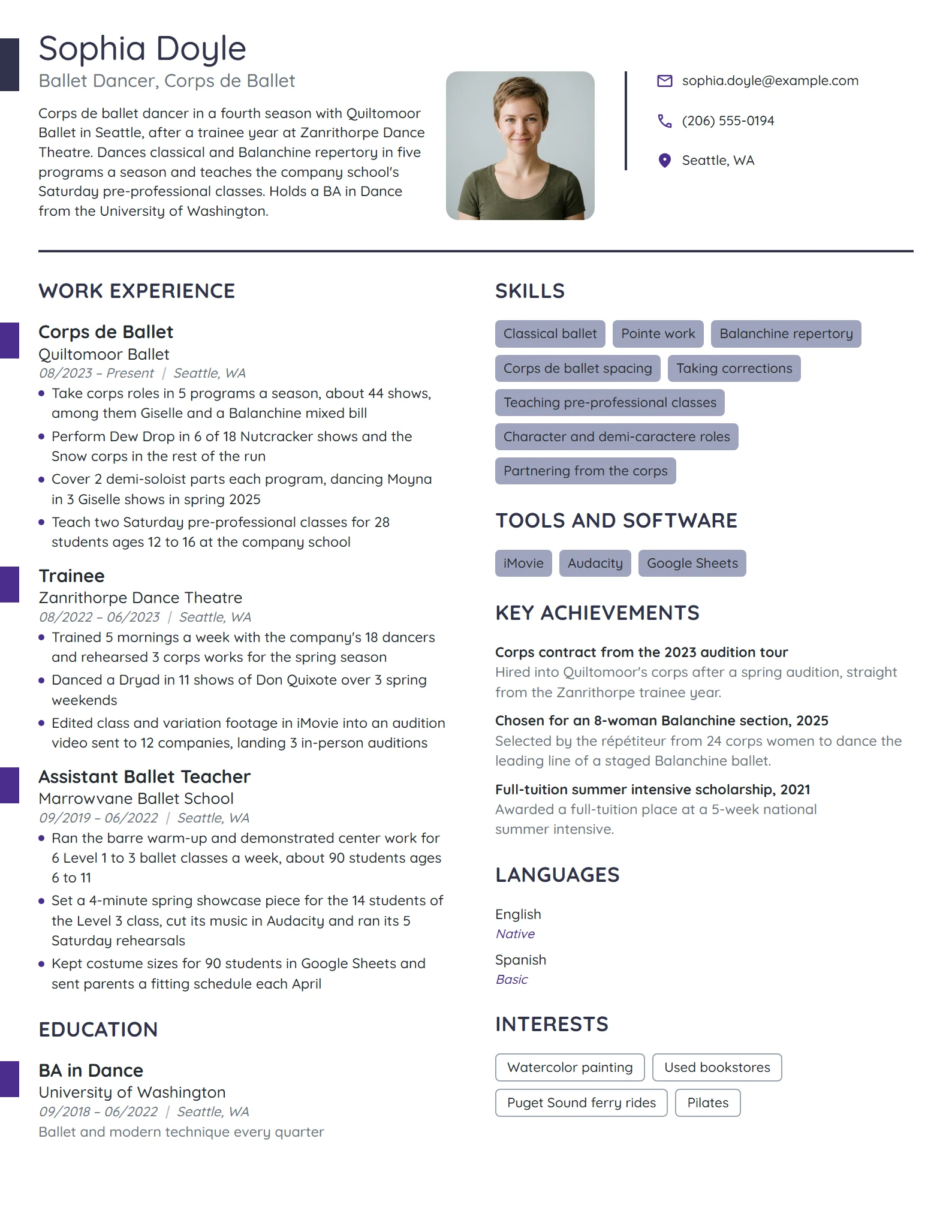 Ballet Dancer resume example