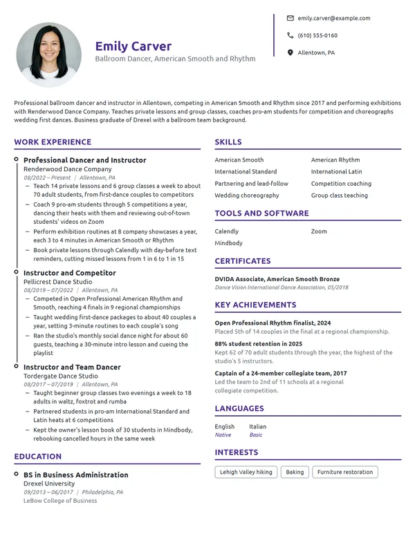 Ballroom Dancer resume example
