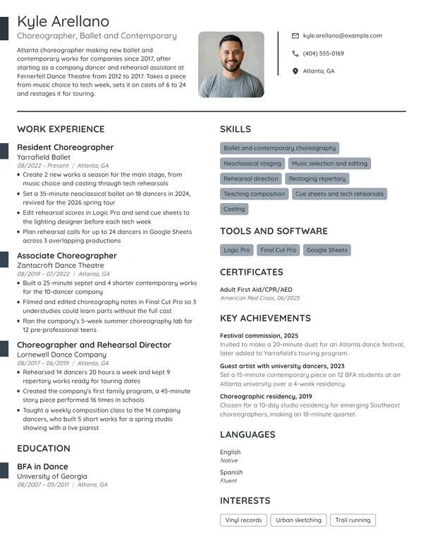 Choreographer resume example