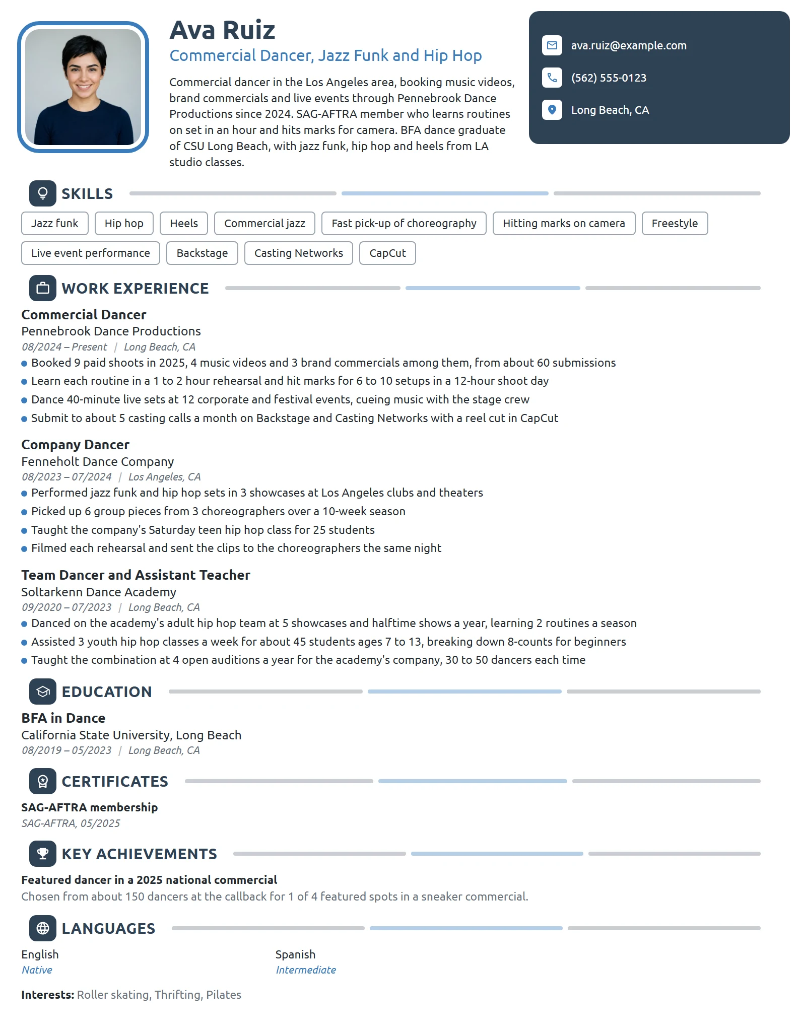 Commercial Dancer resume example