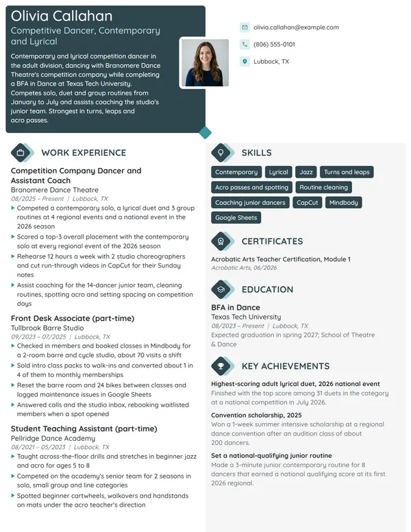 Competitive Dancer resume example