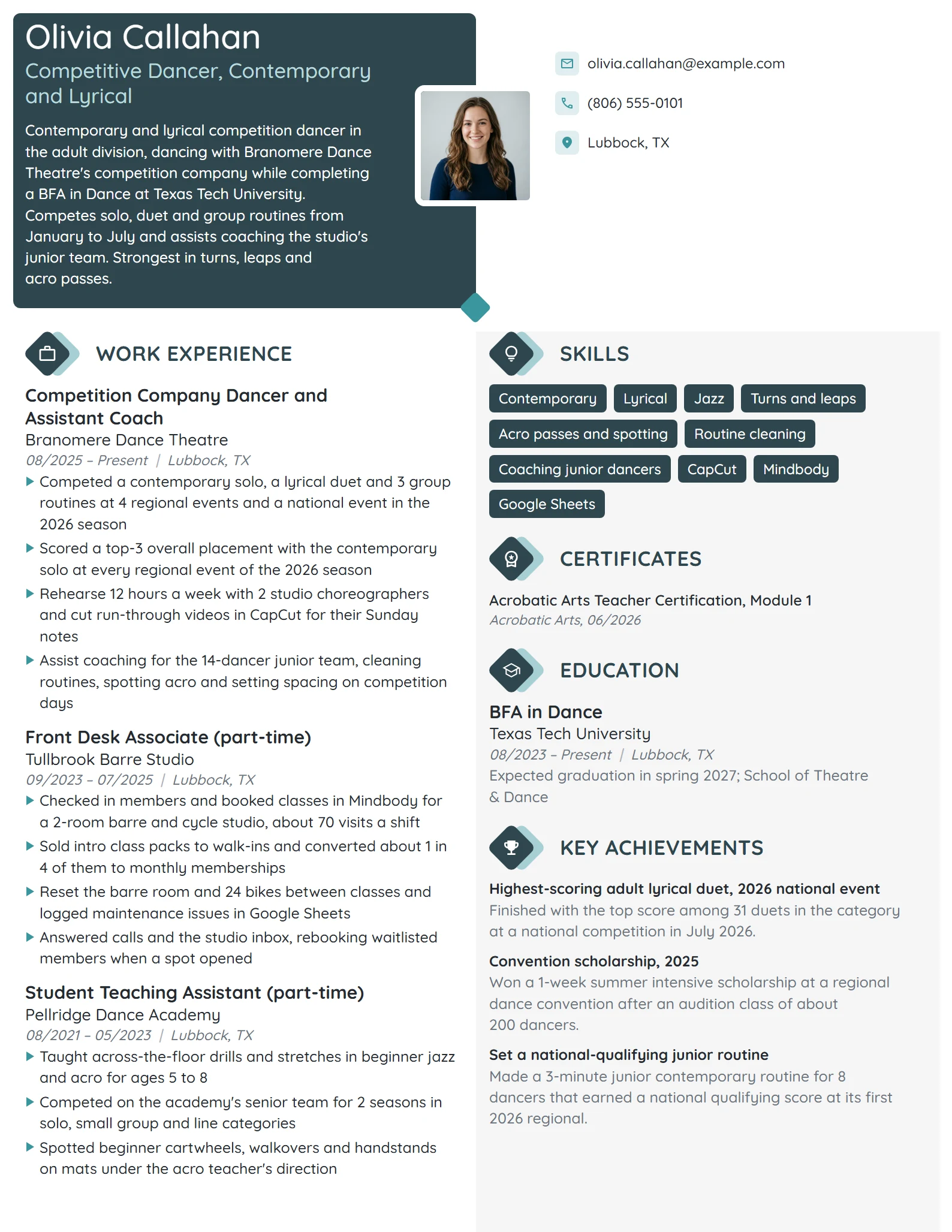 Competitive Dancer resume example