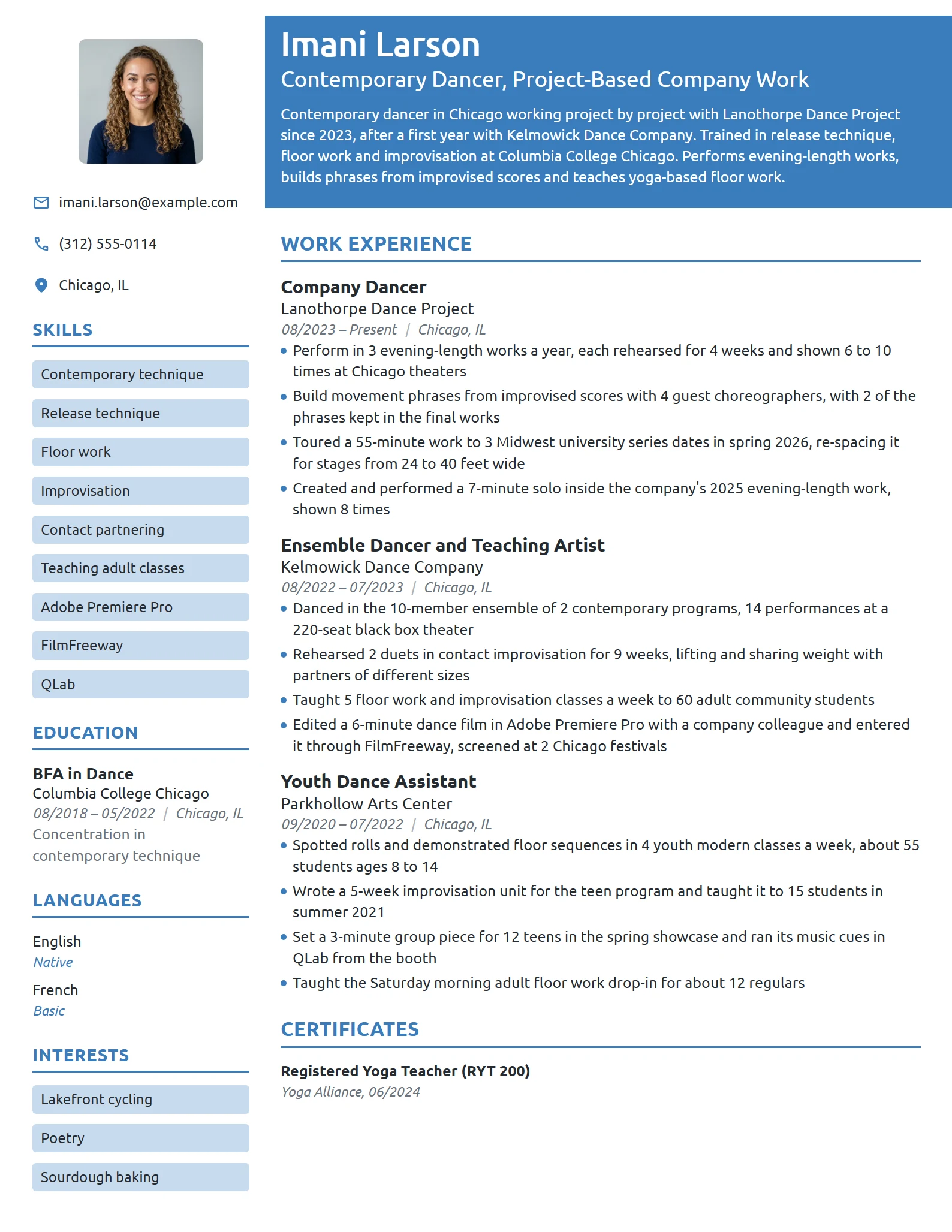 Contemporary Dancer resume example
