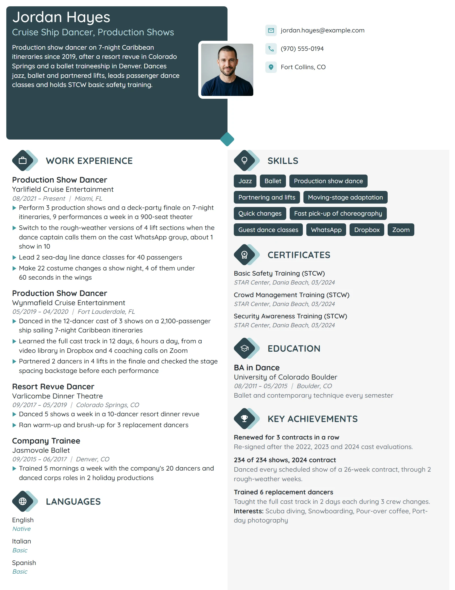 Cruise Ship Dancer resume example