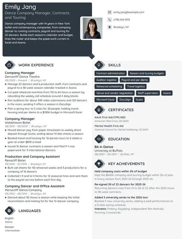 Dance Company Manager resume example