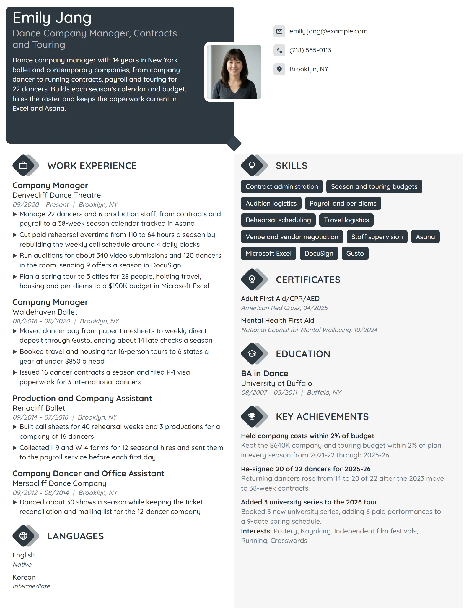 Dance Company Manager resume example