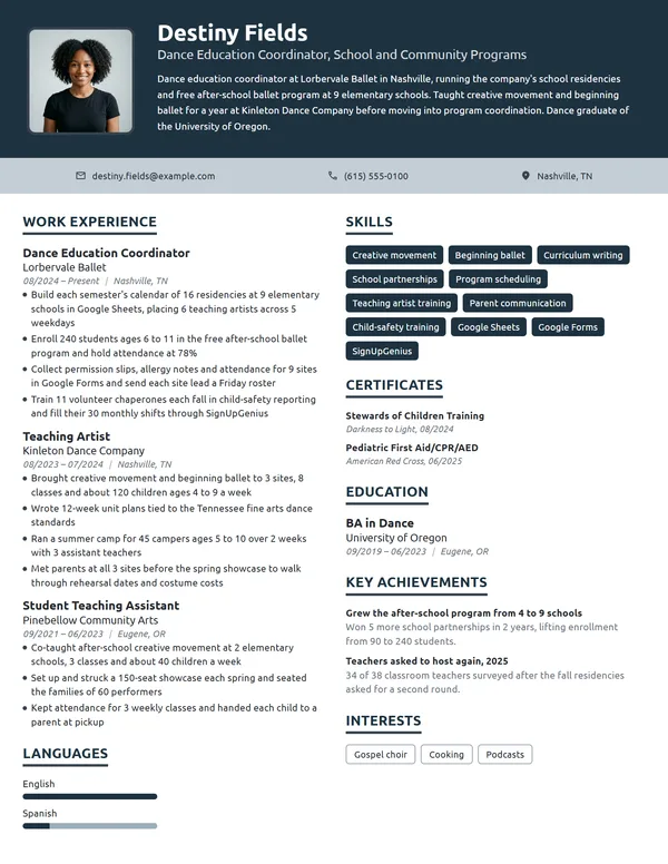 Dance Education Coordinator resume example