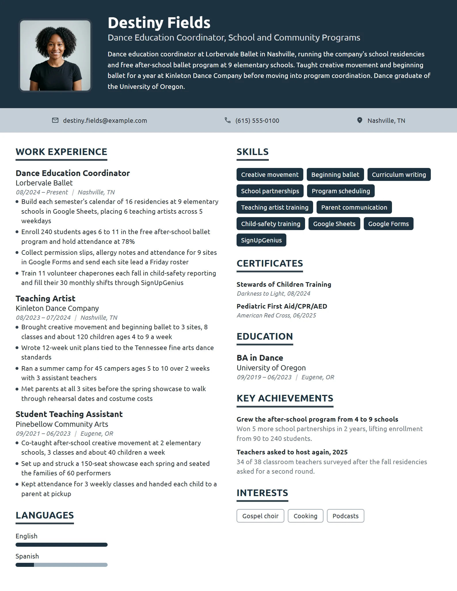Dance Education Coordinator resume example