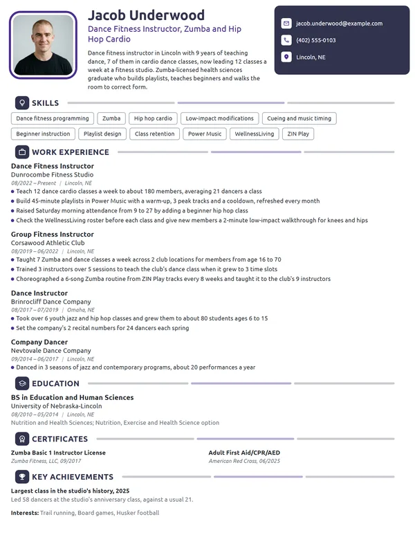 Dance Fitness Instructor resume example