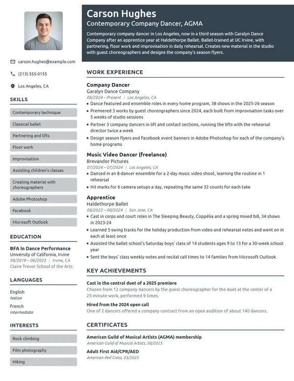 Dance resume example