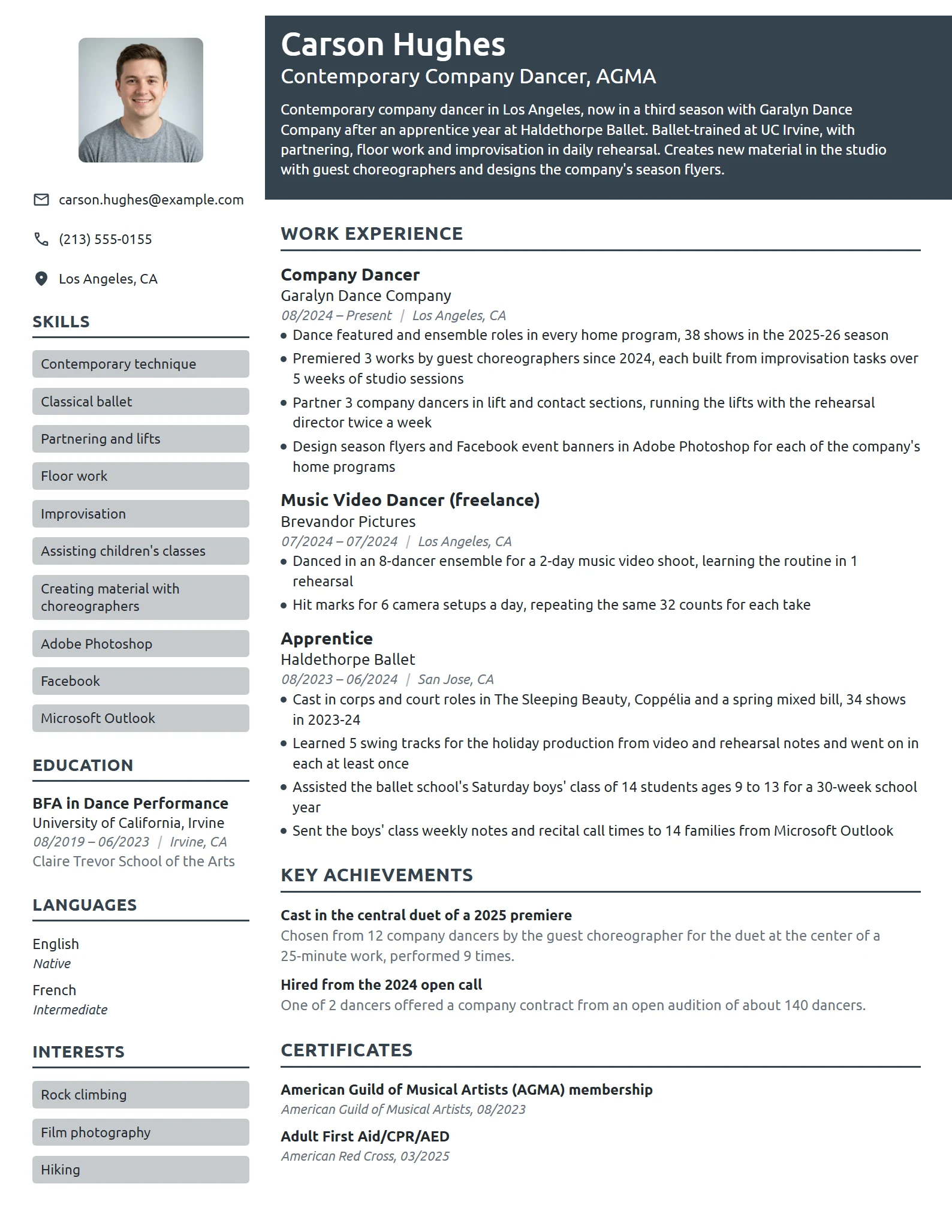Dance resume example